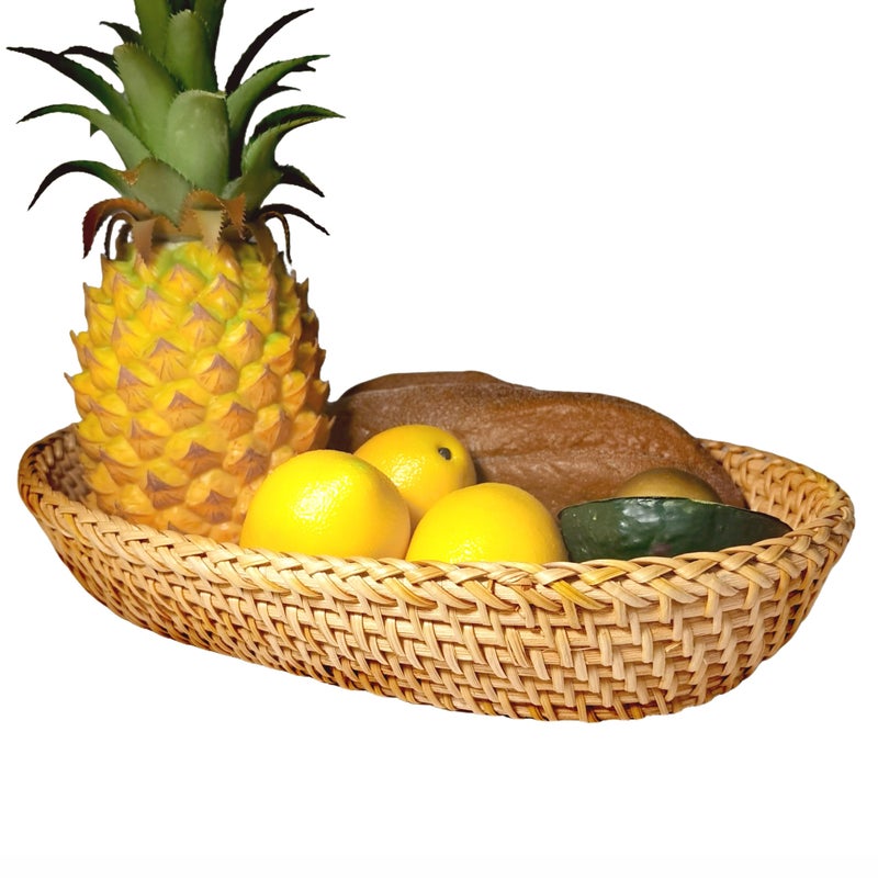 i-lan Large Size Handmand Oval Bread Serving Basket, Natural Rattan Fruit Bowl, Coffee Table Tray for Food Storage, Snack, Vegetable, Honey Brown ï¼ˆL: 12.5") - Image 2